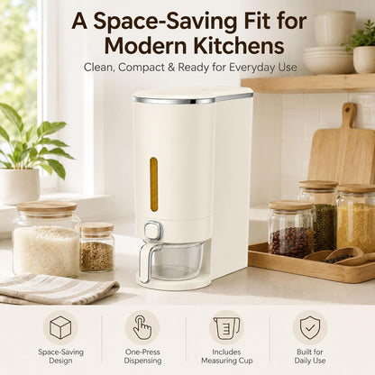 ROOM127 Slim Rice Dispenser 11 Lbs, Airtight Rice Storage Container with Measuring Cup, One-Touch Dry Food & Cereal Dispenser with Clear Window for Kitchen Countertop, Milk Tea Brown