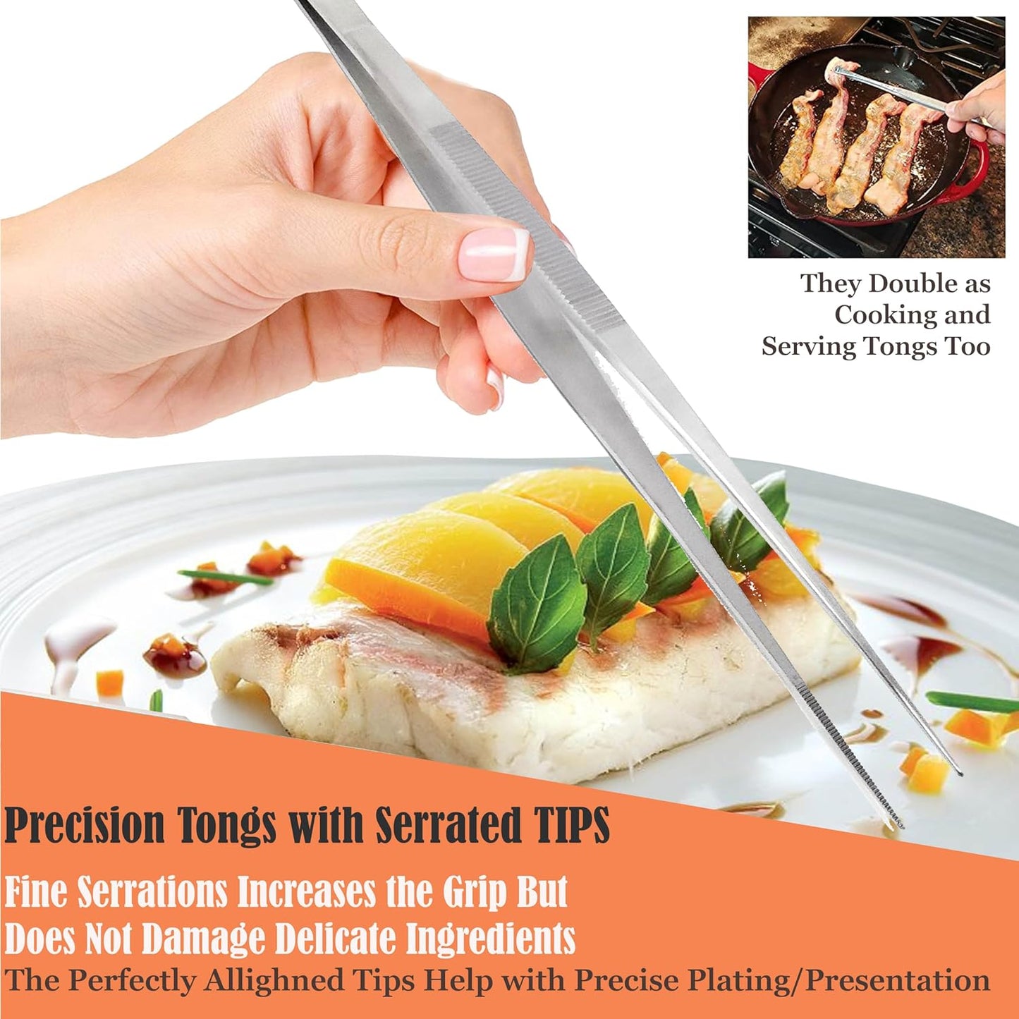 6 Inch Professional Culinary Stainless Steel Precision Tongs with Serrated Tips, Plating/Food Presentation Detailing Serving Tongs, Chef's Kitchen Tweezer Tongs - Ultra Non-Slip Grip