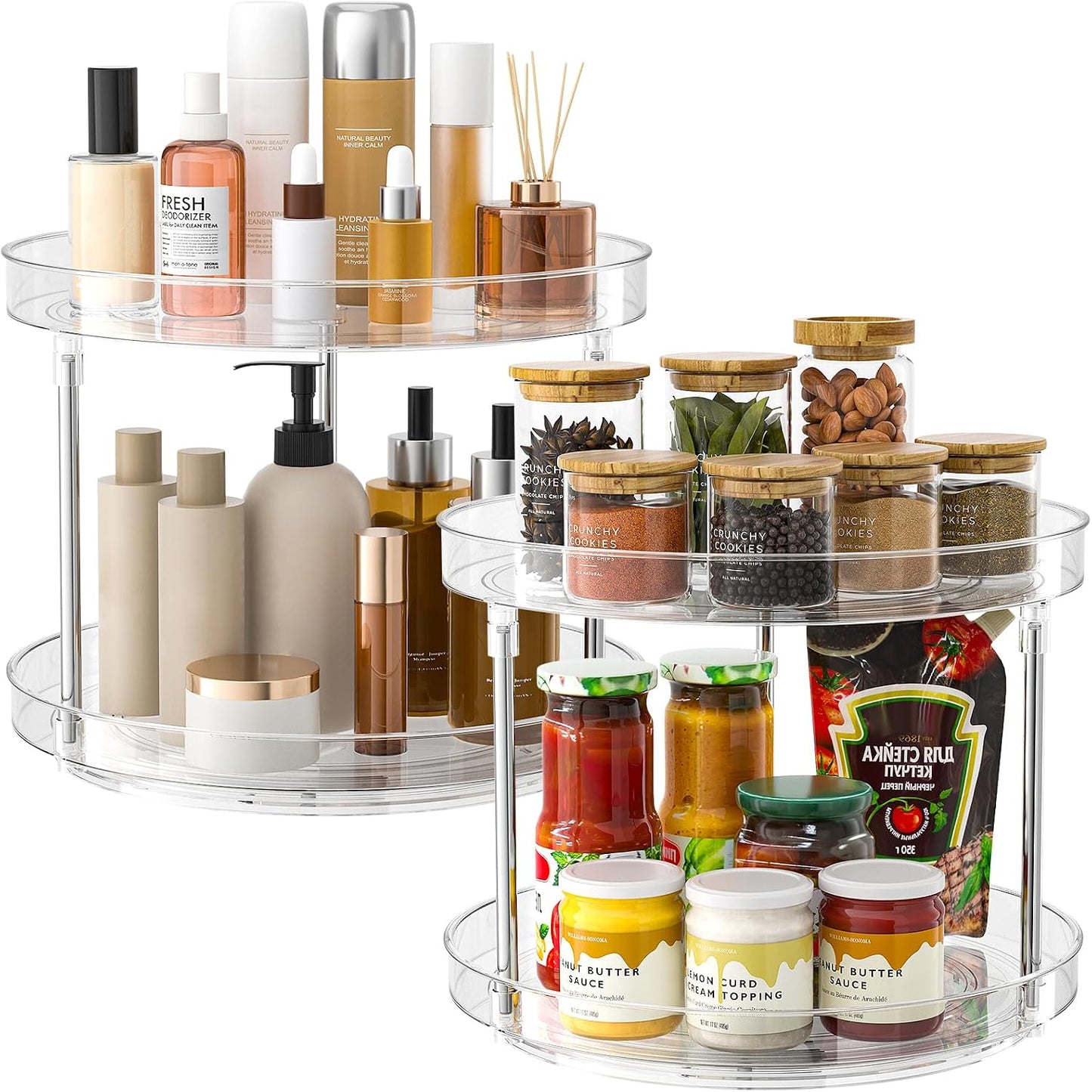 2 Pack Lazy Susan Organizer, 9 inch Rotating Storage Organizer with 4 Removable Bins, Lazy Susan Turntable Organizer for Fridge, Kitchen, Vanity, Cabinet