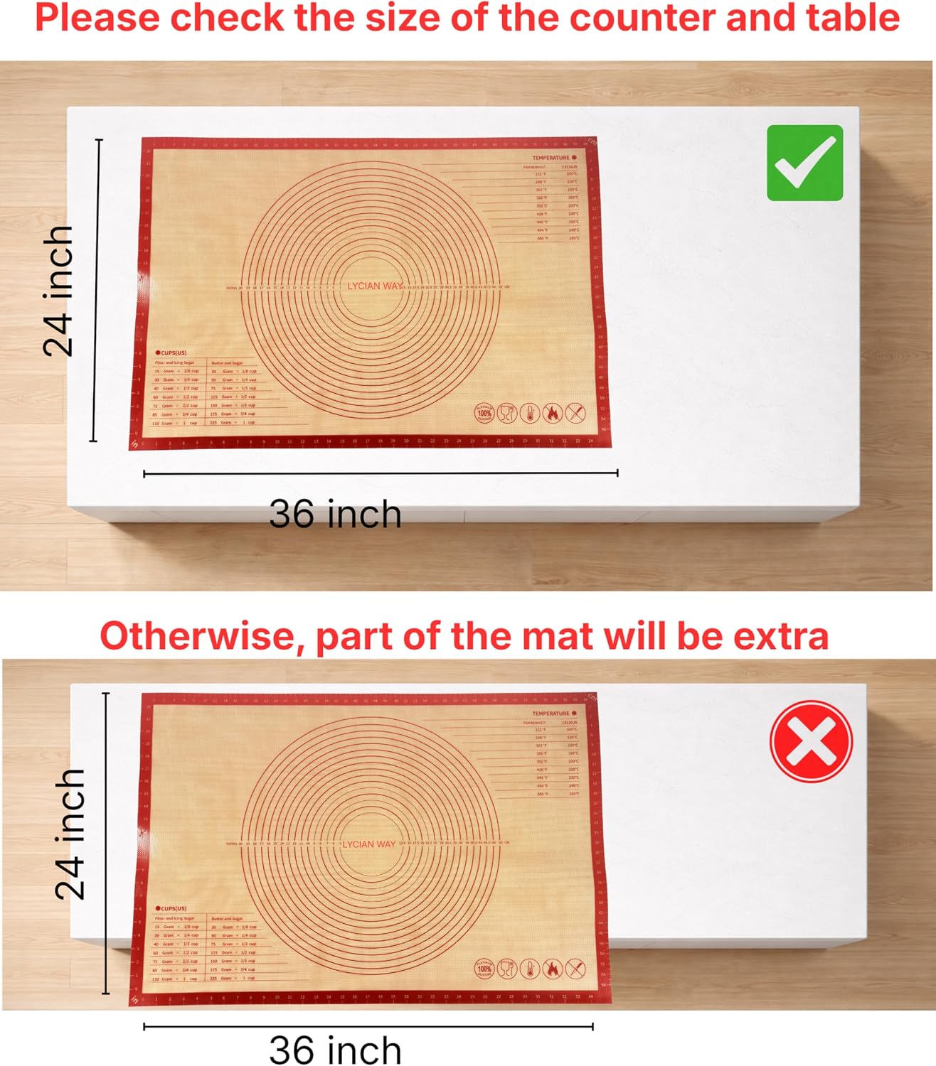 Silicone Pastry Mat with Measurements, 28 x 20 Inch Extra Thick Non-Slip Nonstick XL Baking Mat for Dough Rolling, Kneading, Fondant and Pie, Red