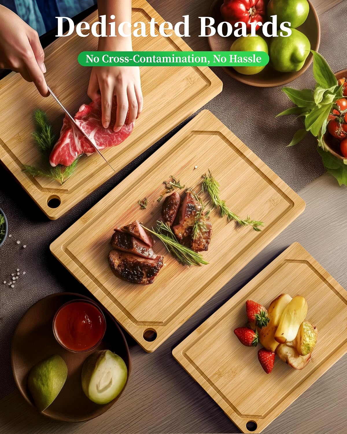 Kitsure Bamboo Cutting Board Set - Multi-Sizes Wooden Cutting Boards for Kitchen, Convenient Kitchen Essentials with Deep Juice Grooves, Cutting Board for Chopping & Serving, 2 Pack, Natural
