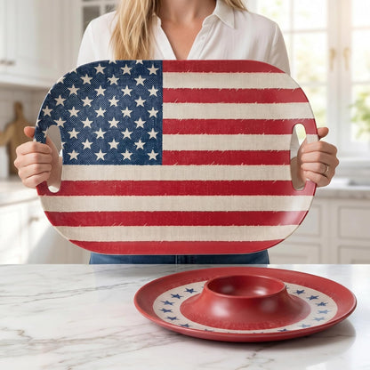 Kingen American flag Patriotic theme party supplies, 18'' Rectangle and 13'' Round Set of 2 Extra-Large Bamboo Serving Trays, Independence Day, Reusable and Dishwasher Safe