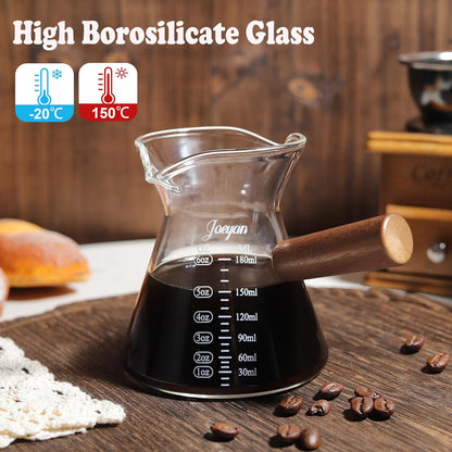 Joeyan 6 oz Grey Glass Measuring Cups with Spout,Borosilicate Glass Triple Pitcher with Scale,Origami Style Espresso Shot Glasses with Wood Handle for Coffee Milk,Dishwasher Safe
