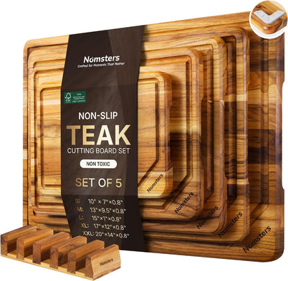 3 Pack Teak Wood Cutting Board Set for Kitchen Charcuterie Board Serving Heavy Duty Non Toxic Slip Hardwood Over Sink Solid Thick Haus Wooden Chopping Board Large Big Small Meat Best Essential Gift