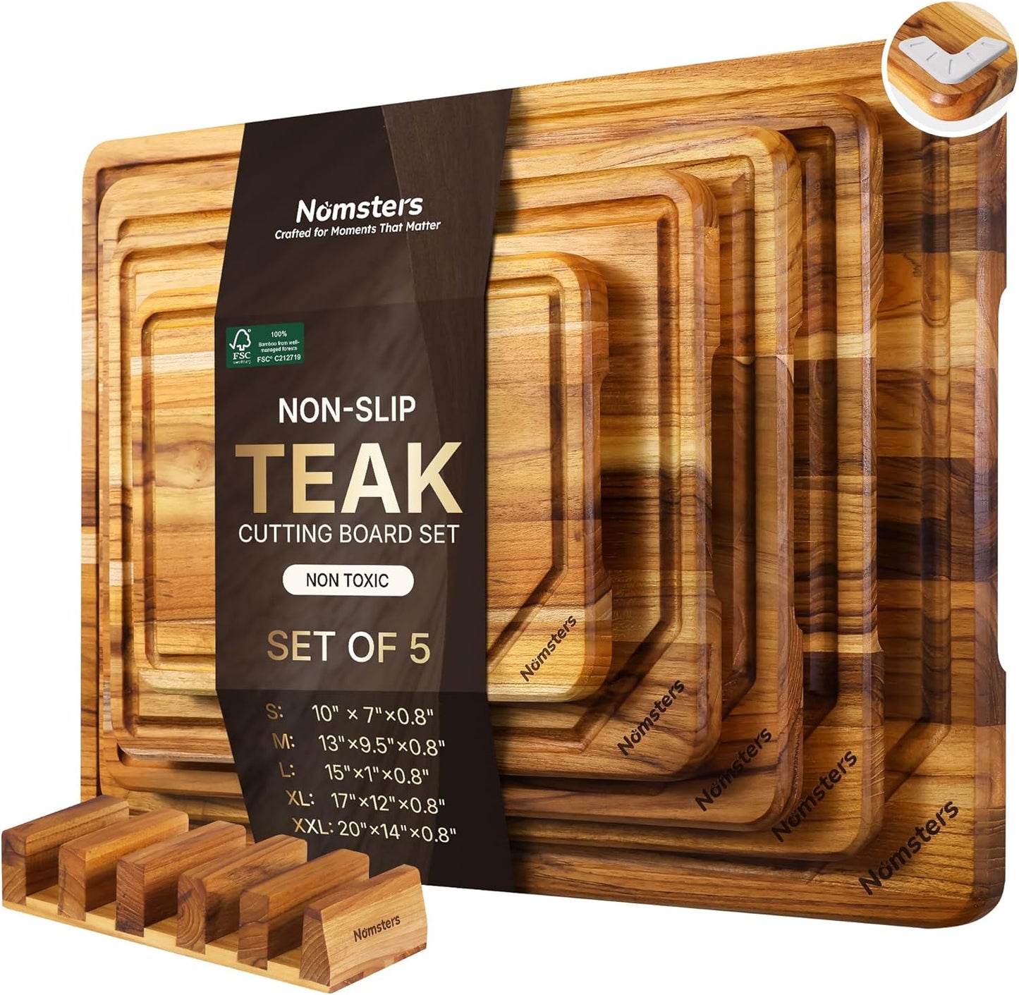3 Pack Teak Wood Cutting Board Set for Kitchen Charcuterie Board Serving Heavy Duty Non Toxic Slip Hardwood Over Sink Solid Thick Haus Wooden Chopping Board Large Big Small Meat Best Essential Gift