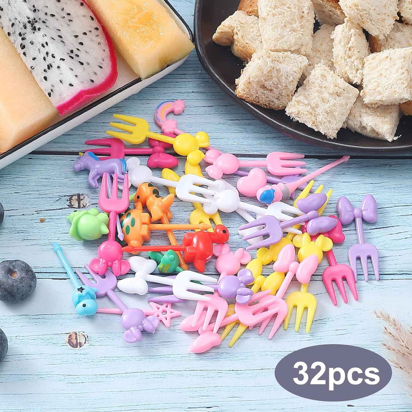 32Pcs Food Picks for Kids, Cute Cartoon Mickey Unicorn Dinosaur Fruit Food Picks for Picky Eaters,Reusable Toddler Food Pick, Mini Toothpick for Kids Lunch Accessories and Party Supply