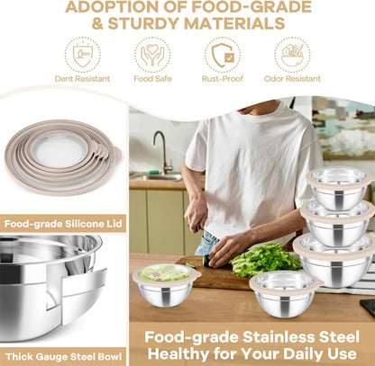 TeamFar Mixing Bowls Set, 4.5/3/1.5/1/0.7 QT Stainless Steel Nesting Salad Bowls with Airtight Lids, For Serving/Mixing/Storing, Non-Toxic & Heavy Duty, Visible & Easy Clean, Black, Set of 5