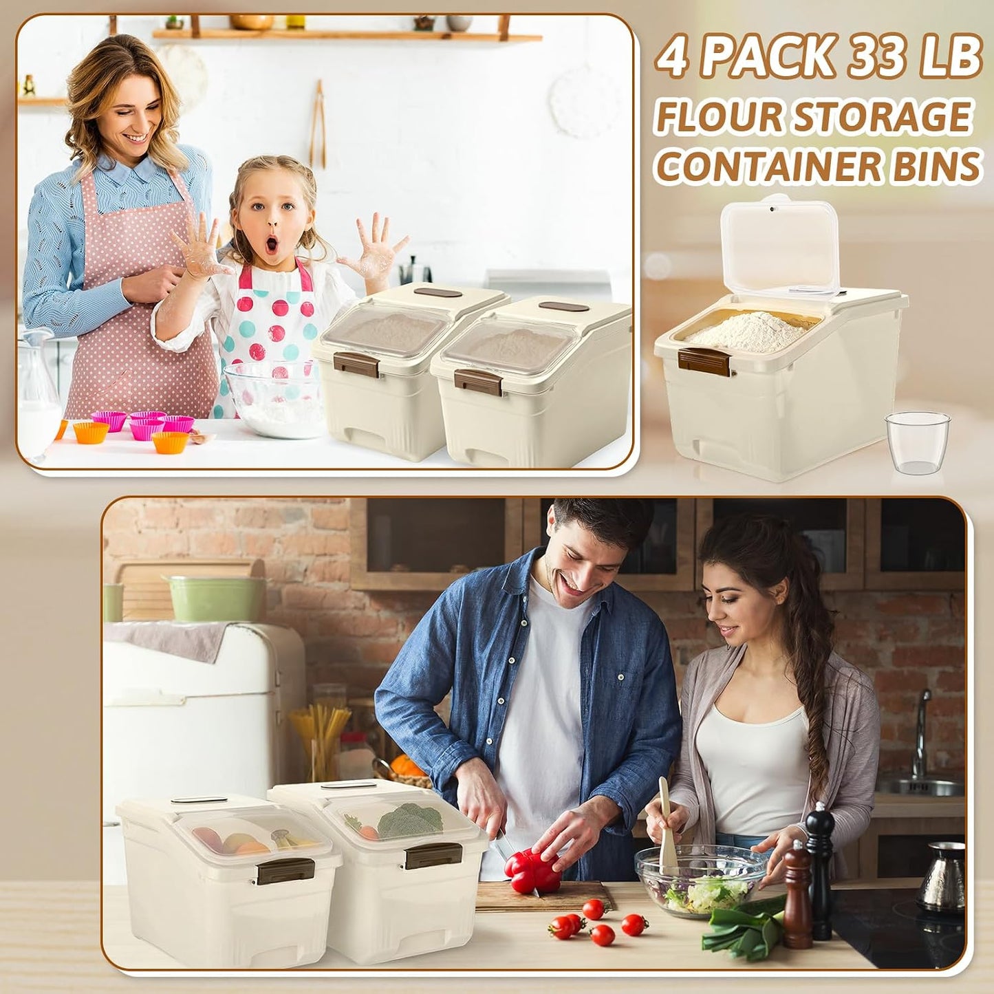Blushtier 4 Pack Large Rice Storage Containers 30 Lbs Airtight Flour Container with Seal Locking Lid and Measuring Cup Kitchen Dry Food Storage Bins for Cereal Sugar Beans(Transparent White)