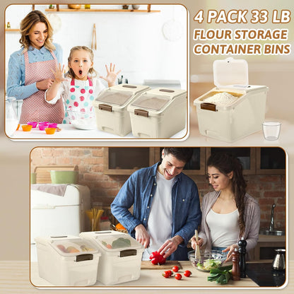 Blushtier 4 Pack Large Rice Storage Containers 30 Lbs Airtight Flour Container with Seal Locking Lid and Measuring Cup Kitchen Dry Food Storage Bins for Cereal Sugar Beans(Transparent White)