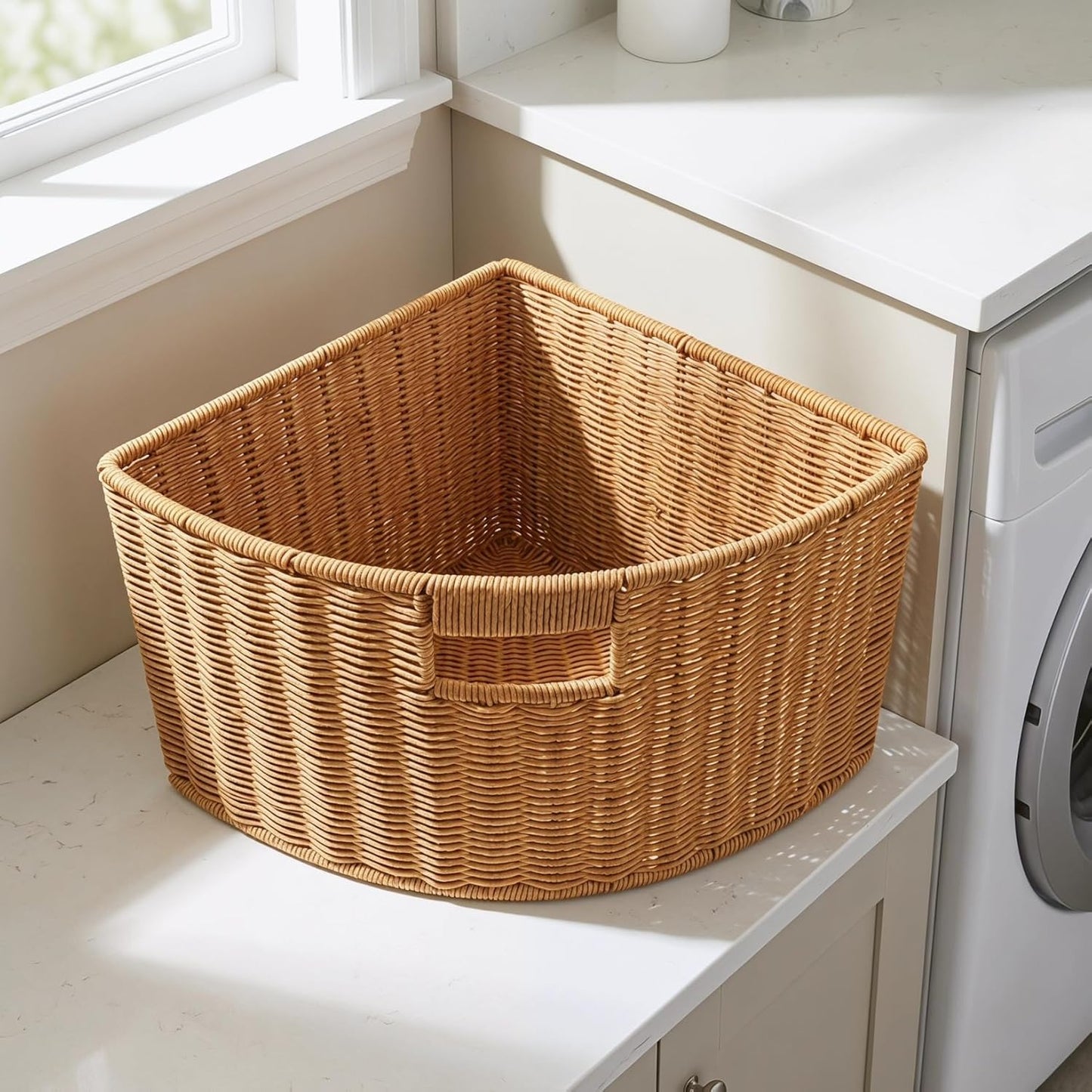 Woven Triangle Corner Storage Basket with Handles Shelf Laundry Basket | Plastic Rattan-Style Basket Fits Shelf Corners, Cabinets, Counters or Bathrooms for Towels, Laundry, Toys and Pantry Items