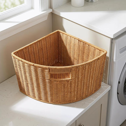 Woven Triangle Corner Storage Basket with Handles Shelf Laundry Basket | Plastic Rattan-Style Basket Fits Shelf Corners, Cabinets, Counters or Bathrooms for Towels, Laundry, Toys and Pantry Items