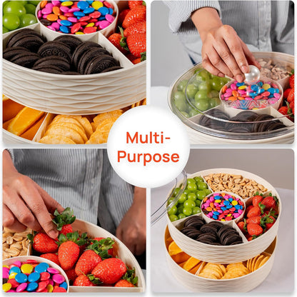 KAVARO Snack Tray with Lid – 2 Trays 1 Lid Large Circular Snackle Organizer - Snack Container – Reusable Divided Snack Spinner Tray with Compartments