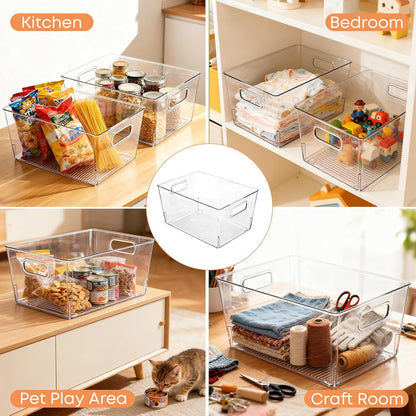MOONEDGE 4 Pack Clear Plastic Organizer Bins, 2 Large & 2 Small Storage Set | Storage Bins for Pantry, Space-Saving Organizer Containers for Cabinets, Under-Sink, Bathroom, Kitchen, Freezer, Home Storage