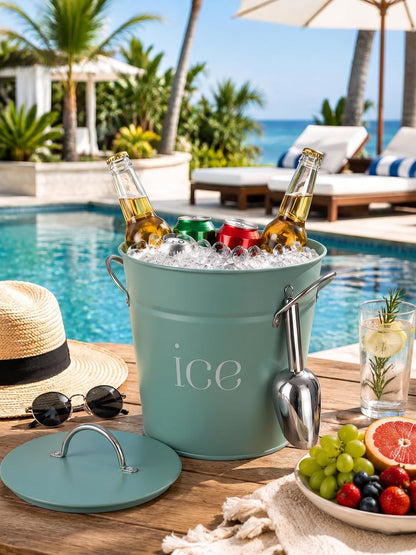 3Qt Black Galvanized Ice Bucket with Lid, Scoop & Handles - Ideal for Cocktails, Parties, BBQs, Wine & Champagne. Double-Layer Insulated Outer & Galvanized Inner Layer, Perfect for Home & Outdoor Use