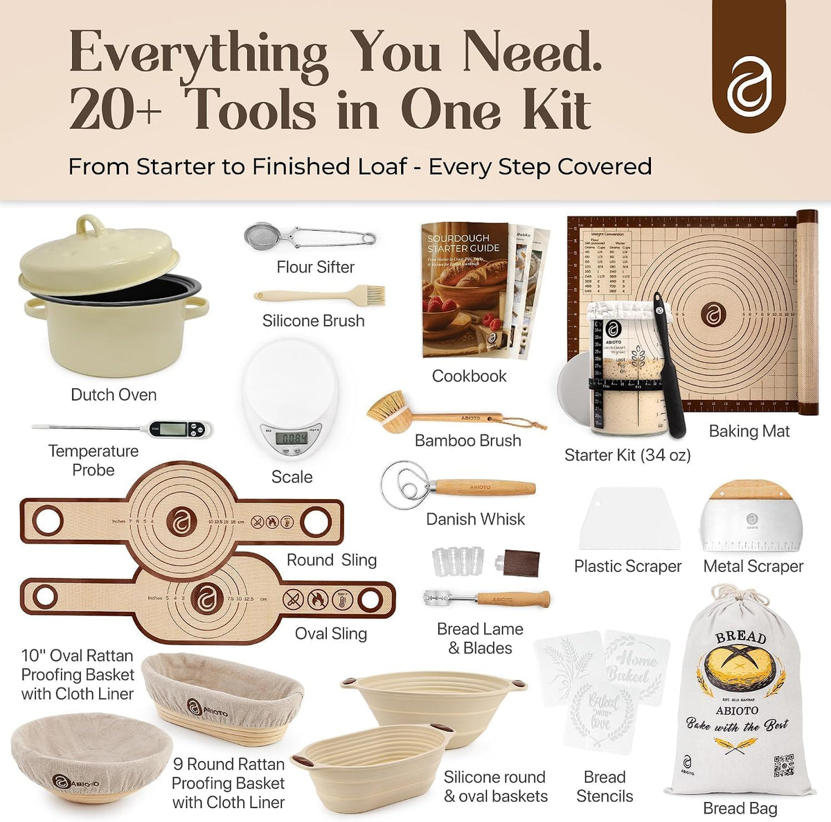 ABIOTO Banneton Baskets with Sourdough Bread Baking Supplies