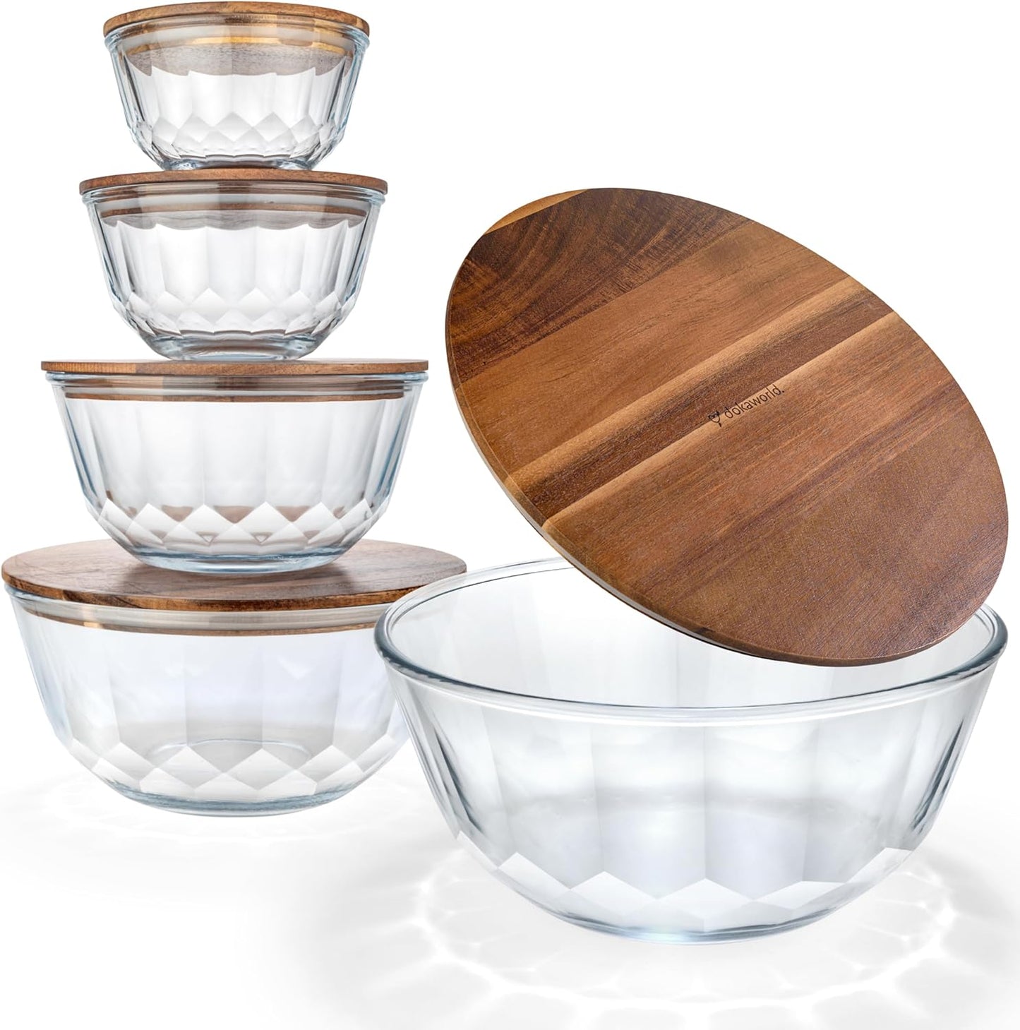 Set of 4 Stackable Space-Saving Nesting Glass Bowls with Airtight Acacia Lids for Lunch, Meal & Food Prep - Microwave & Oven-ready BPA Free Durable Heat Resistant Inert Borosilicate Glass