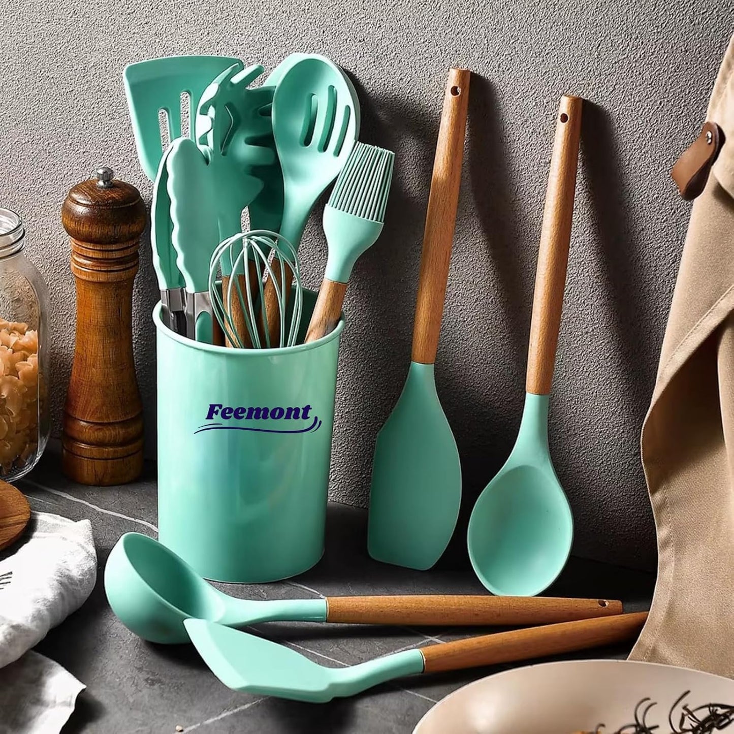 33-Piece Silicone Kitchen Cooking Utensils Set with Holder| Heat-Resistant | Non-Stick Cooking Utensils with Wooden Handles – BPA-Free Cookware Utensils set | Kitchen Tools Great for Gifting (GREEN)
