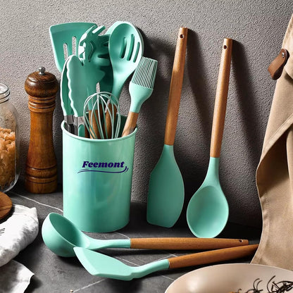 33-Piece Silicone Kitchen Cooking Utensils Set with Holder| Heat-Resistant | Non-Stick Cooking Utensils with Wooden Handles – BPA-Free Cookware Utensils set | Kitchen Tools Great for Gifting (GREEN)