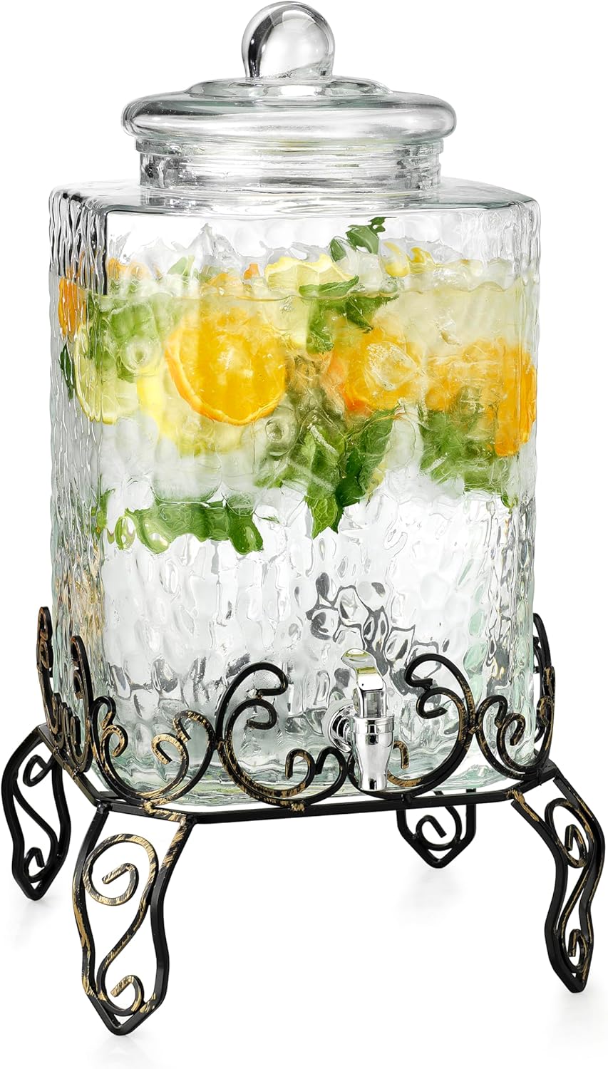 3 Gallon Glass Drink Dispenser with Metal Stand & Lid – Hammered Beverage Dispenser with Leakproof Spigot, Wide Mouth for Easy Fill – Ideal for Parties, Lemonade, Iced Tea, Sangria & More