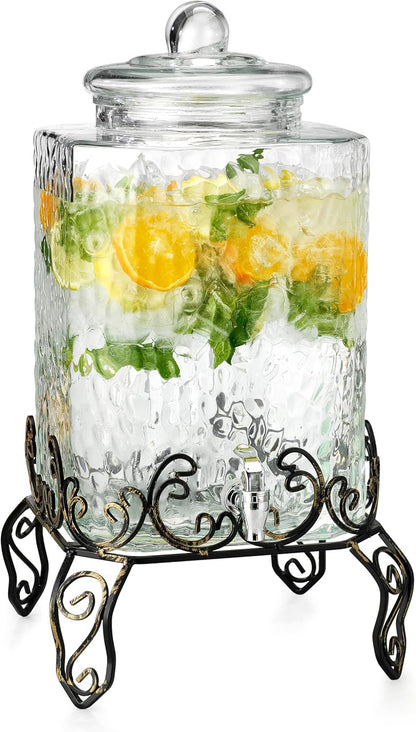 3 Gallon Glass Drink Dispenser with Metal Stand & Lid – Hammered Beverage Dispenser with Leakproof Spigot, Wide Mouth for Easy Fill – Ideal for Parties, Lemonade, Iced Tea, Sangria & More