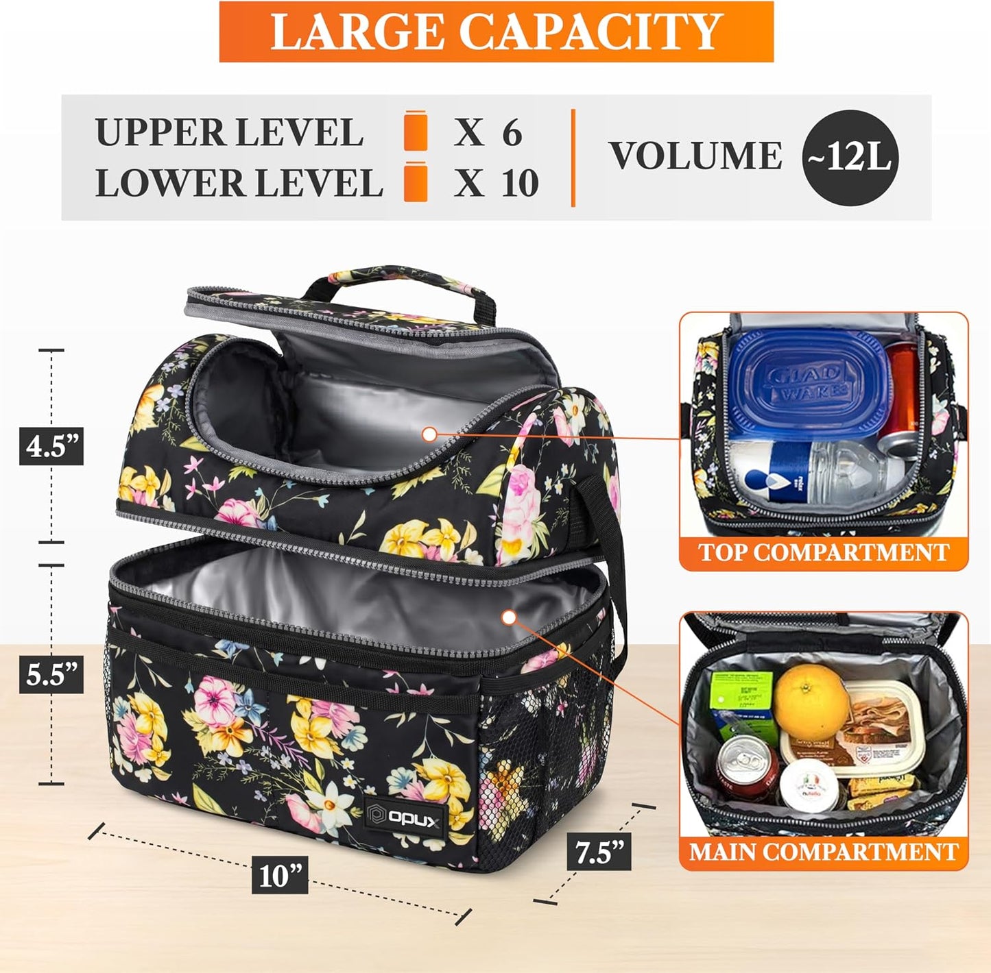 opux Insulated Lunch Bag for Men Women, Double Decker Leakproof Lunch Box Cooler Tote with Shoulder Strap, Large Lunchbox for Work School Travel Meal Prep, Adults Kids Boys Girls, Green, 16 Cans