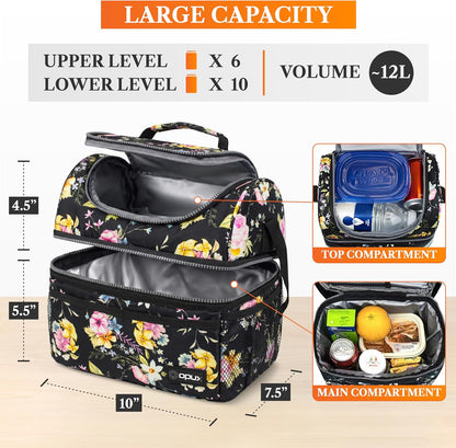 opux Insulated Lunch Bag for Men Women, Double Decker Leakproof Lunch Box Cooler Tote with Shoulder Strap, Large Lunchbox for Work School Travel Meal Prep, Adults Kids Boys Girls, Green, 16 Cans