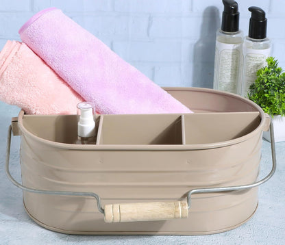 Alpha Living Home Galvanized Metal Utensil Caddy - Rustic Farmhouse Organizer Metal Garden Caddy with 4 Compartments and Wooden Handle for Kitchen, Buffet & Outdoor Events (Silver)