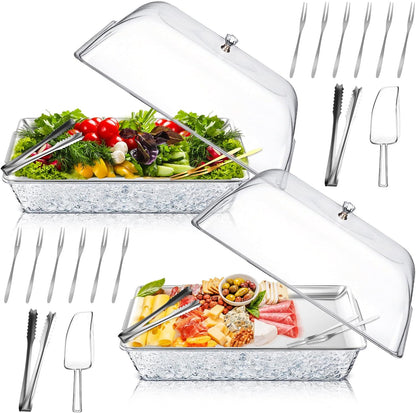 Baderke 1 Set 16" x 9" Chilled Serving Tray for Parties with Compartments and Lid Charcuterie Serving Board Ice Rectangle Chilled Party Platter for Seafood Vegetable Fruit Shrimp Cocktail (Silver)