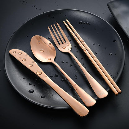 Boulder Bee | Travel Utensils Set | Reusable Camping Cutlery Set | Stainless Steel Flatware Set | Portable Silverware Set with Case | Includes Knife/Fork/Spoon/Straw/Cleaning Cloth/Case (Purple)