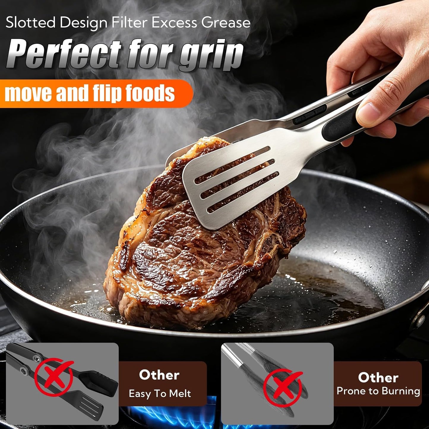Metal Tongs for Cooking, Set of 3 Stainless Steel Spatula Tongs – 7, 9 & 12 Inch Heavy Duty Kitchen Tongs with Strong Grip, Pull Lock for Grilling, Flipping Steak, Fish & Ribs