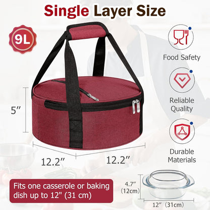 Round Insulated Casserole Carrier – 12" Portable Pie Carrier Bag for Hot or Cold Food, Leakproof Thermal Lunch Tote with Handle for Parties Picnic & Travel - Grey