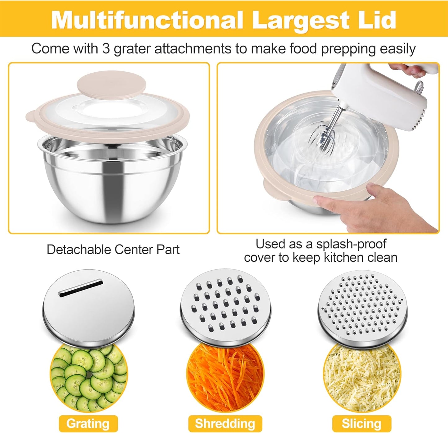 TeamFar Mixing Bowls, Stainless Steel Salad Serving Bowl with Clear Lids & 3 Graters, For Kitchen Cooking Prepping Storing, Size 4.6/2.6/1.5/1/0.7 QT, Nesting & Airtight, Set of 5 & Khaki