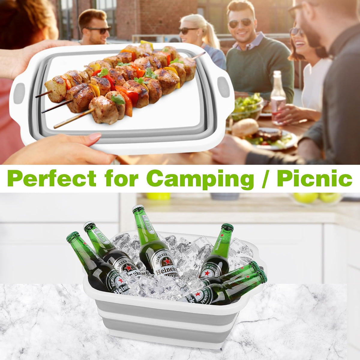2 Pack Collapsible Cutting Board, Foldable Dish Tub with Draining Hole, Portable Chopping Board with Colander, 3 in 1 Multifunction Camping Sink for Washing Dish, Bowl, Vegetables and Fruit