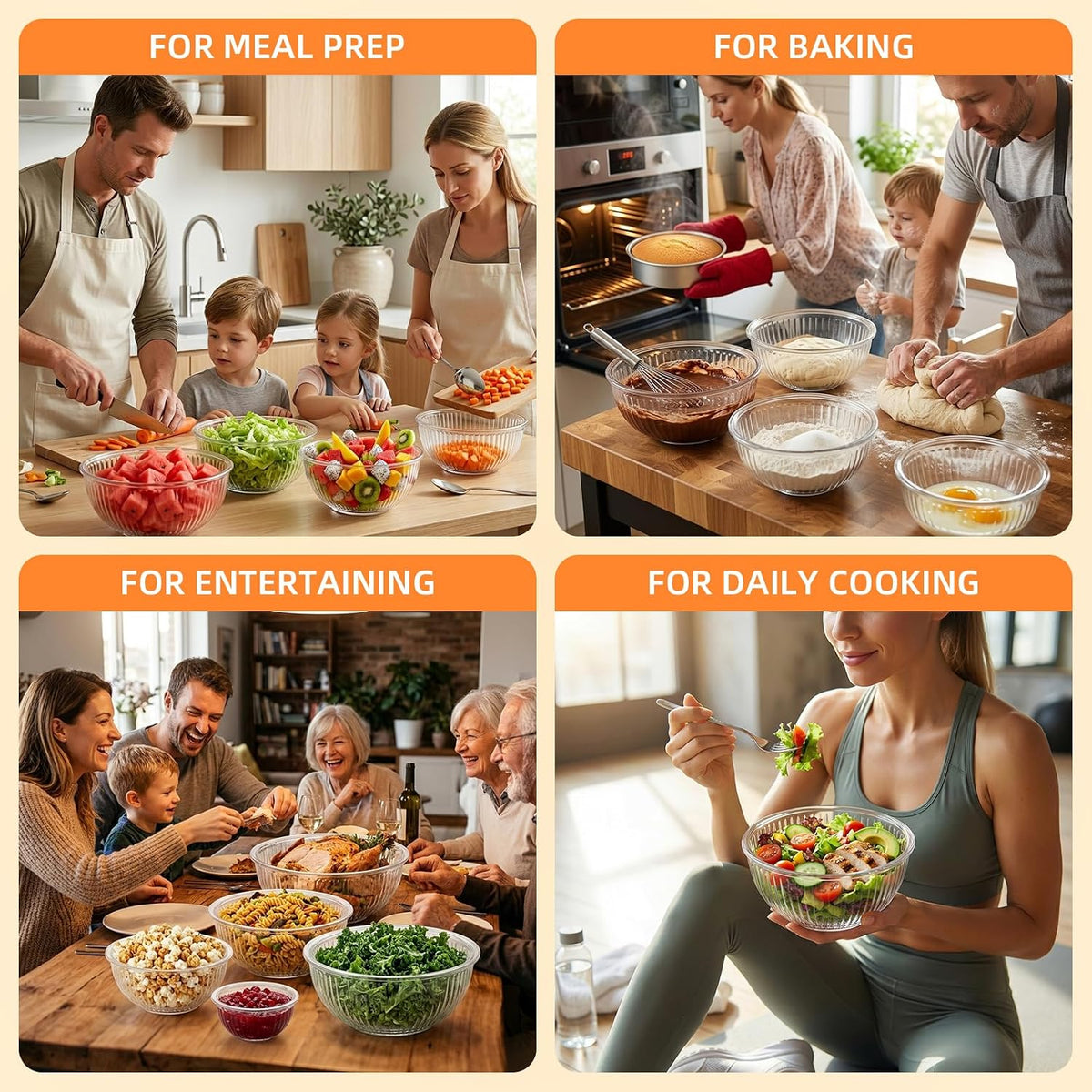 Jelife Glass Mixing Bowls with Lids Set - 5 Packs, Borosilicate Nesting Glass Bowls (3.7-2.1-1-0.5-0.2QT) for Baking, Salad, Meal Prep, Serving, Food Storage, BPA Free & Dishwasher Safe