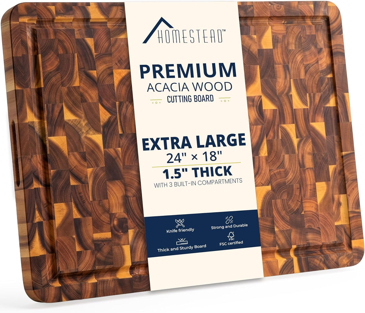 HOMESTEAD End Grain Acacia Wood Cutting Board 23x18x1.5, Reversible Butcher Block Board for Kitchen with Deep Juice Groove, Handles, Knife-Friendly Surface for Meat Chopping and Charcuterie Serving