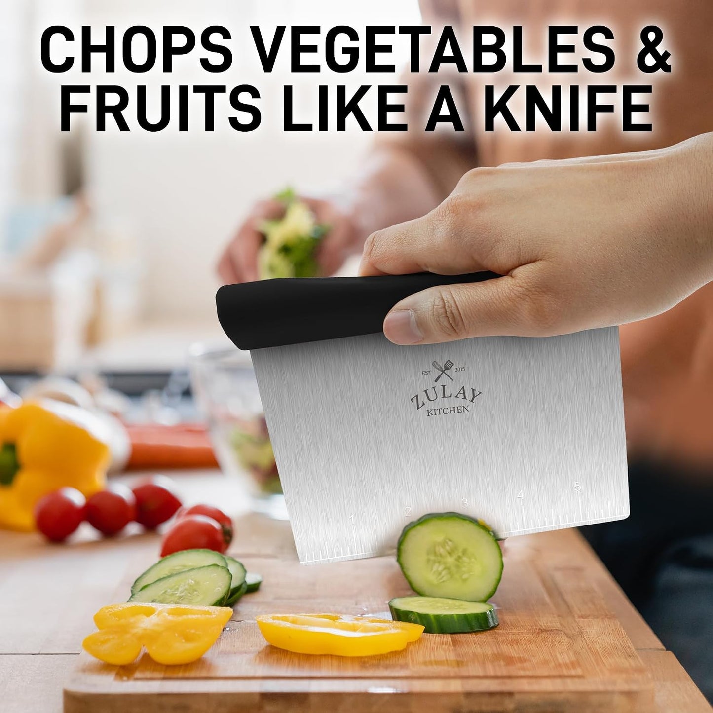 Zulay Premium Multi-purpose Stainless Steel Bench Scraper & Chopper, Easy to Read Etched Markings for Perfect Cuts, Quick & Easy Multi-use Dough Scraper, Dough Cutter & Pastry Scraper (Black)