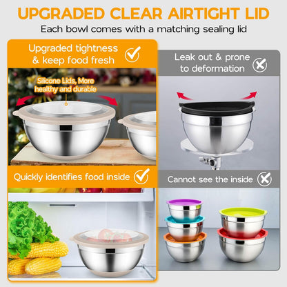 Onader Colorful Mixing Bowl Set of 6 for Kitchen, Large Stainless Steel Metal Nesting Mixing Bowls with Airtight Lids, Non Slip - Size 0.7, 1, 1.5, 2, 2.6, 4.6QT