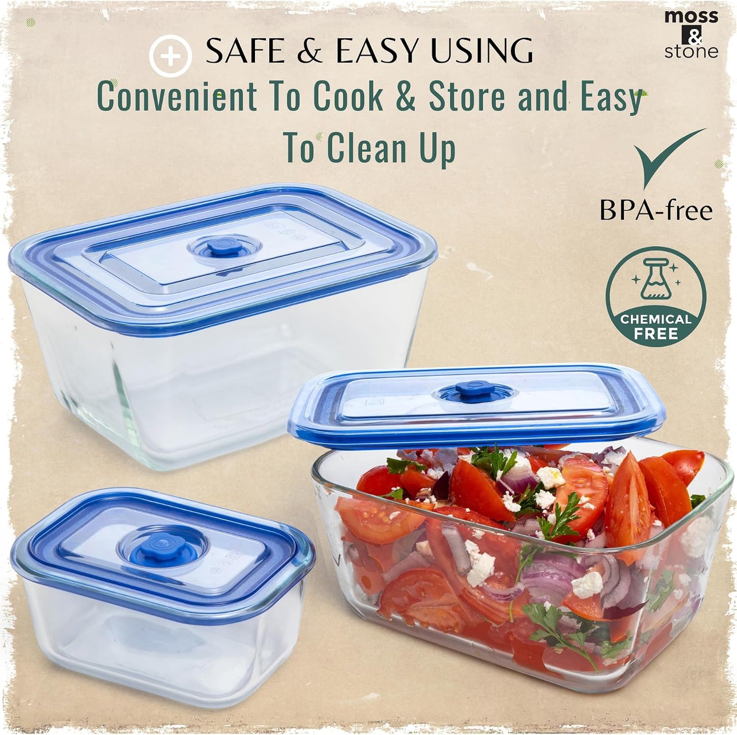 Moss and Stone Rectangular Borosilicate Glass Meal Food Containers - Prep Food Storage Containers Airtight - Snap Locking Lids – Microwave, Oven, Freezer, Dishwasher Safe – with 2 Compartment 2 Pack