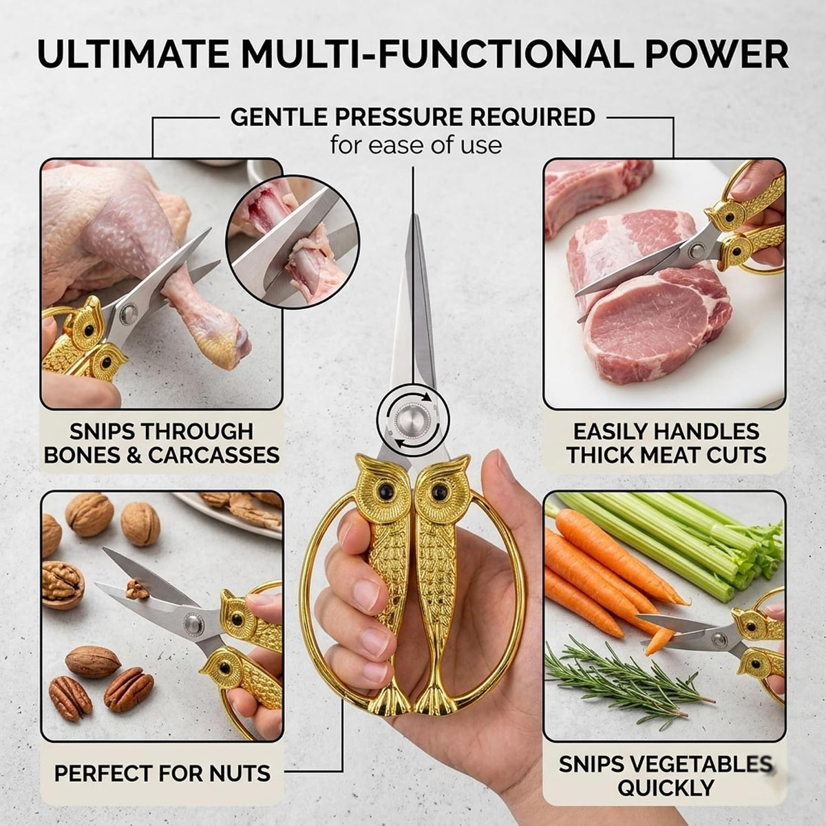 XSNBRD All Purpose Kitchen Scissors, Pearl Gold Stainless Owl Shears.