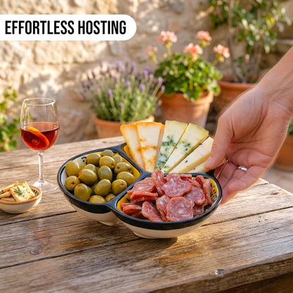Ceramic Chip & Dip Bowl 7.5”, 3-Compartment Divided Serving Dish & Condiment Tray for Appetizers – Handmade in Spain, Lead-Free Glaze, Microwave, Oven & Dishwasher Safe