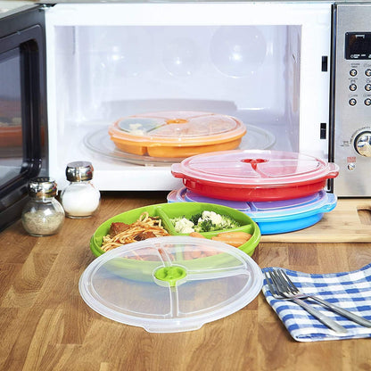 3 pack- Microwave Food Storage Travel Tray Containers - Portion Control - 3 Section Compartment Divided Plates with Vented Lid For Easy Reheat (3, Red)
