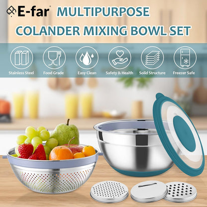 E-far Colander with Mixing Bowl Set, 4-1 Stainless Steel Colander Strainers Bowl with Graters for Kitchen, Rotatable Food Strainer Bowl for Rinsing Fruits Vegetables/Draining Pasta - Black