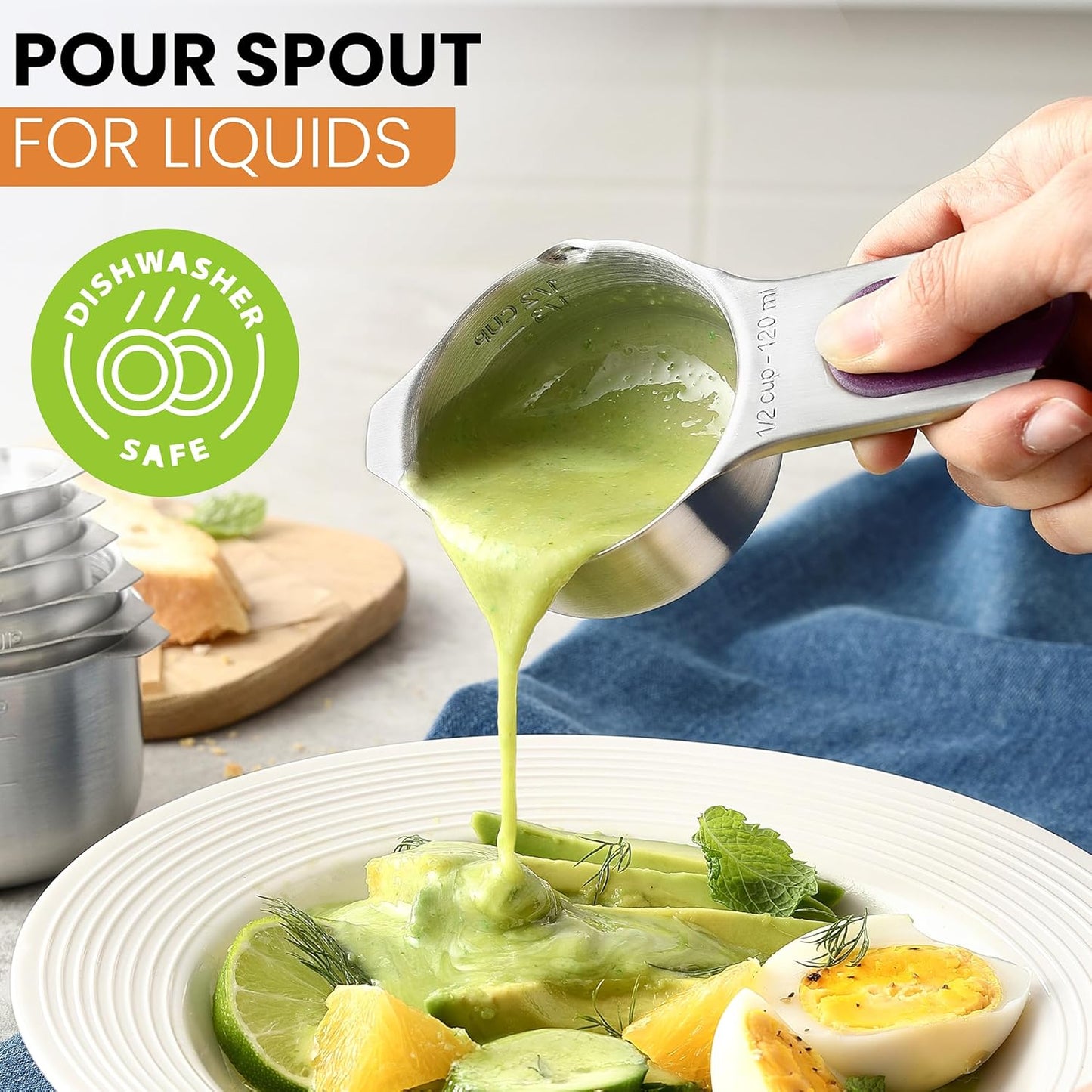 Spring Chef Stainless Steel Measuring Cups Set of 7 with Pour Spout - Nesting Kitchen Tools with Easy Read Markings to Measure Dry or Liquid Ingredients - Metal Measuring Cups for Baking & Cooking