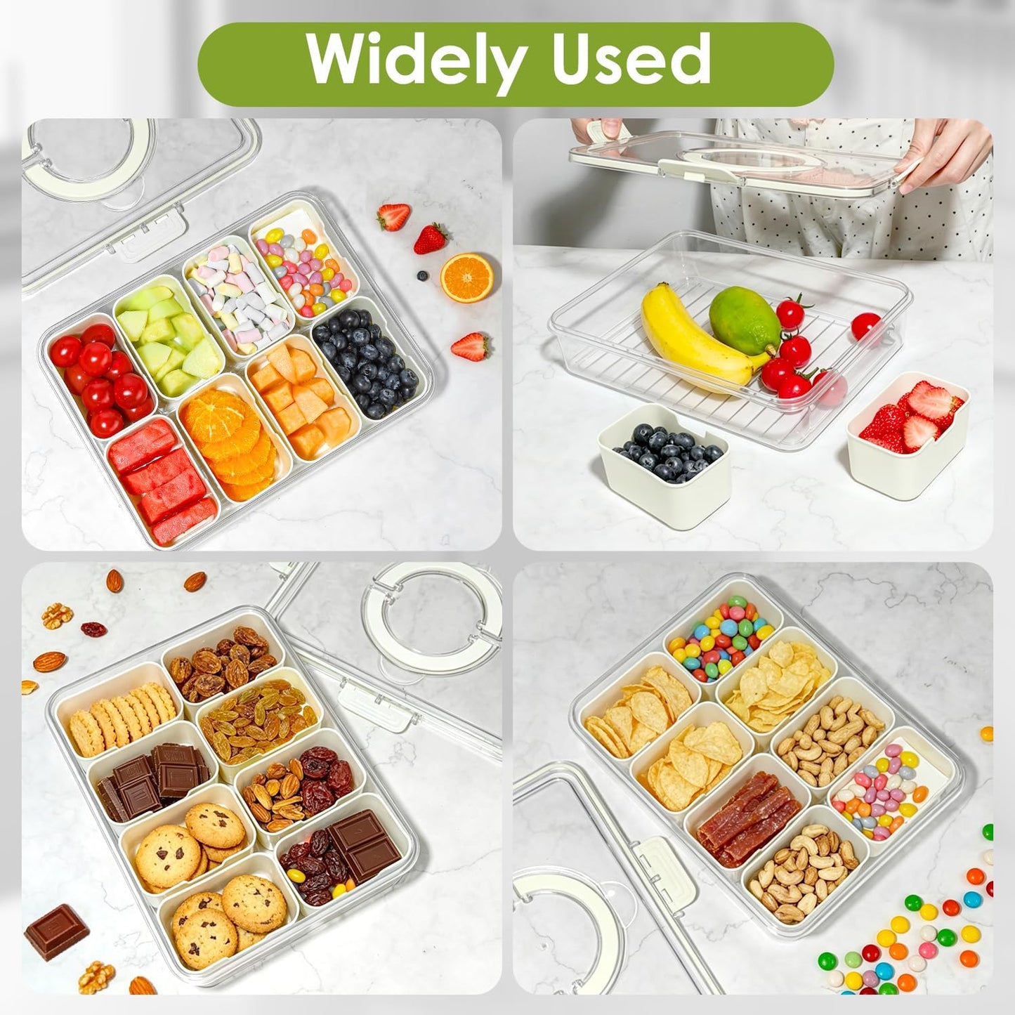 Divided Serving Tray with Lid and Handle,8 Compartments Snacks Box,Snack Fruit Tray,Veggie Tray,Portable Platter for Candy Fruits Nuts Snack Party Entertaining Picnic (2PCS Pink)