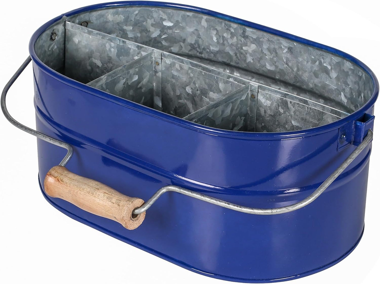 Alpha Living Home Galvanized Metal Utensil Caddy - Rustic Farmhouse Organizer Metal Garden Caddy with 4 Compartments and Wooden Handle for Kitchen, Buffet & Outdoor Events (Silver)