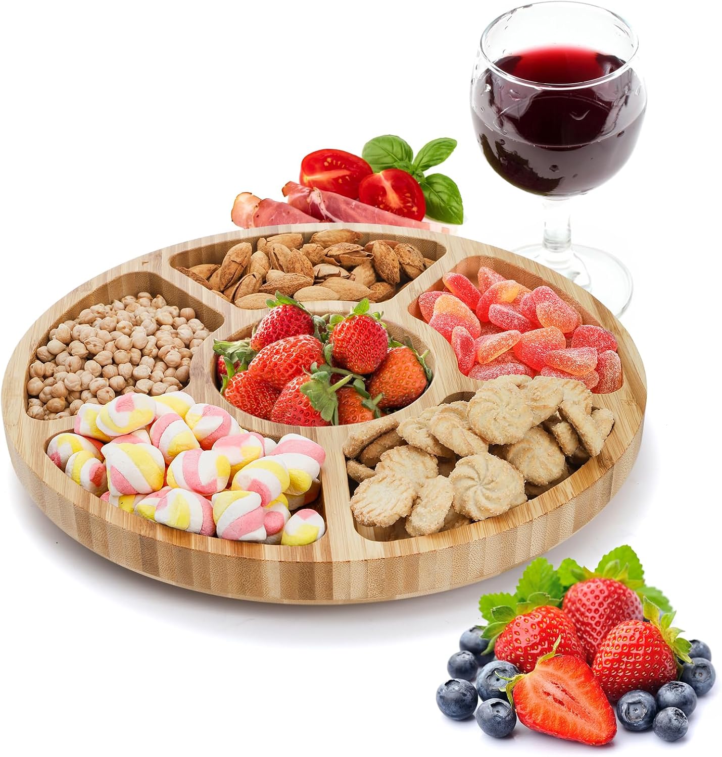 Dicunoy Divided Serving Dish Tray, 13'' Bamboo Rotatable Veggie Fruit Platter, Lazy Susan Relish Sectional Snack Container Bowls with 6 Compartments for Candy, Appetizer, Nuts, Parties