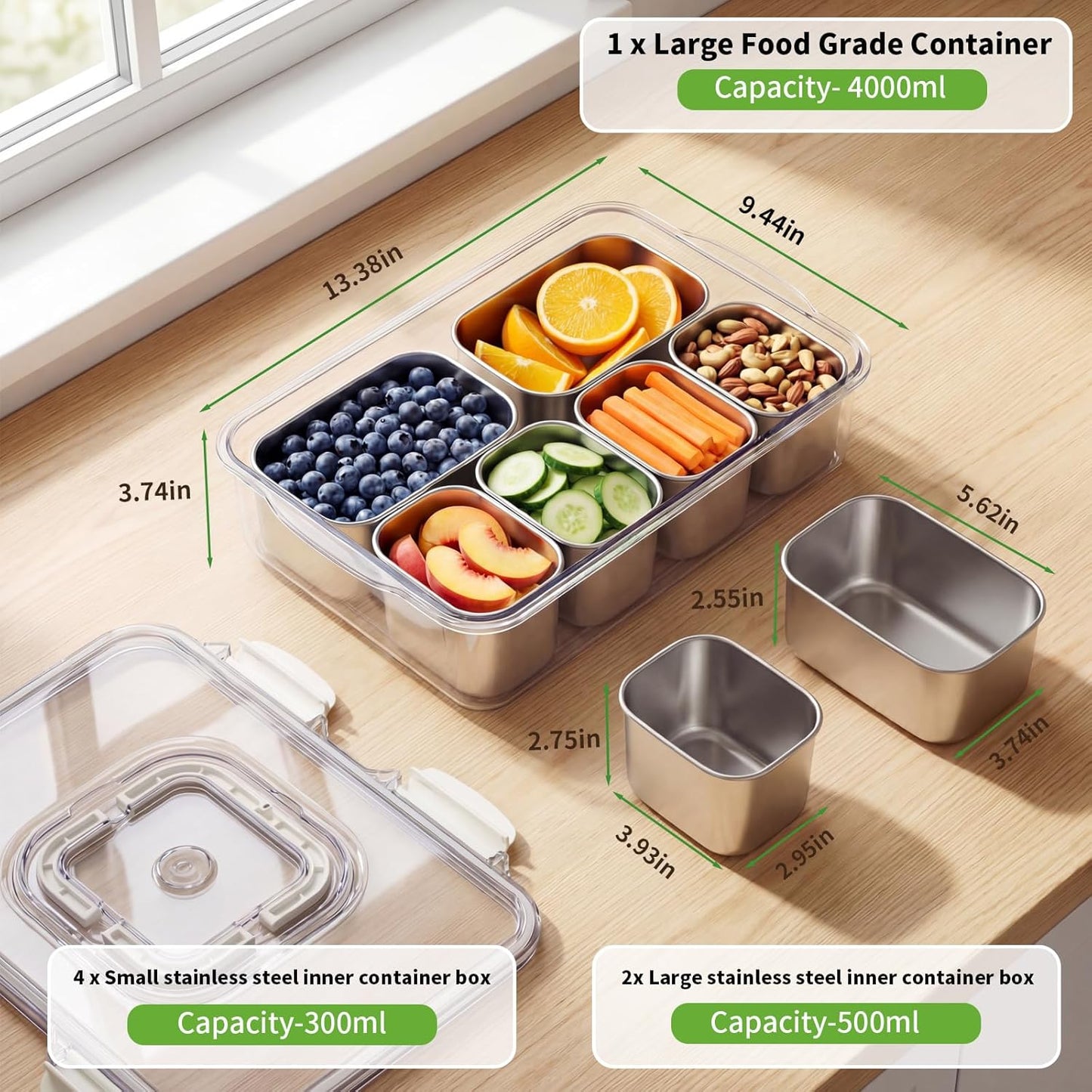 Snackle Box Container, 6-Compartment Stainless Steel Tray with Lid & Handle, Portable Divided Serving Platter for Fruit, Veggie, Candy - Perfect for Travel, Party, Beach
