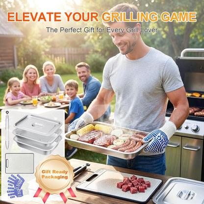 7-Piece Grill Prep and Carry System,Stainless Steel BBQ Marinating Container with Lid,Cutting Board Wire Rack Tongs & Heat Resistant Gloves,Stackable Food Tray Accessories for Outdoor &Camping Cooking