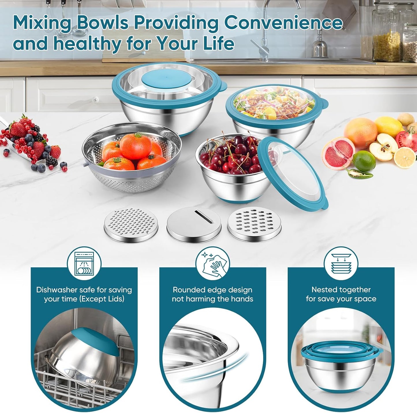 P&P CHEF Mixing Bowls with Lids Set of 3, Stainless Steel Mixing Bowl and Colander for Kitchen, 3 Grater Attachments & Non-Slip Bottoms, Visible & Airtight Lid, Khaki