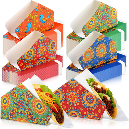 Qinyoung 120 Sets Disposable Taco Holders Bulk with Greaseproof Fiesta Paper Holder Shells Stand Rack Tray Stand up Nacho Holder Party Snack for Taco Tuesday Nights Party Supplies(5.5×2×2.2 Inches)